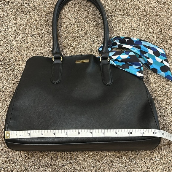 TRINA TURK BLACK VEGAN SHOULDER BAG BLUE BLACK DOT INTERIOR WITH BAG SCARF - Picture 10 of 16